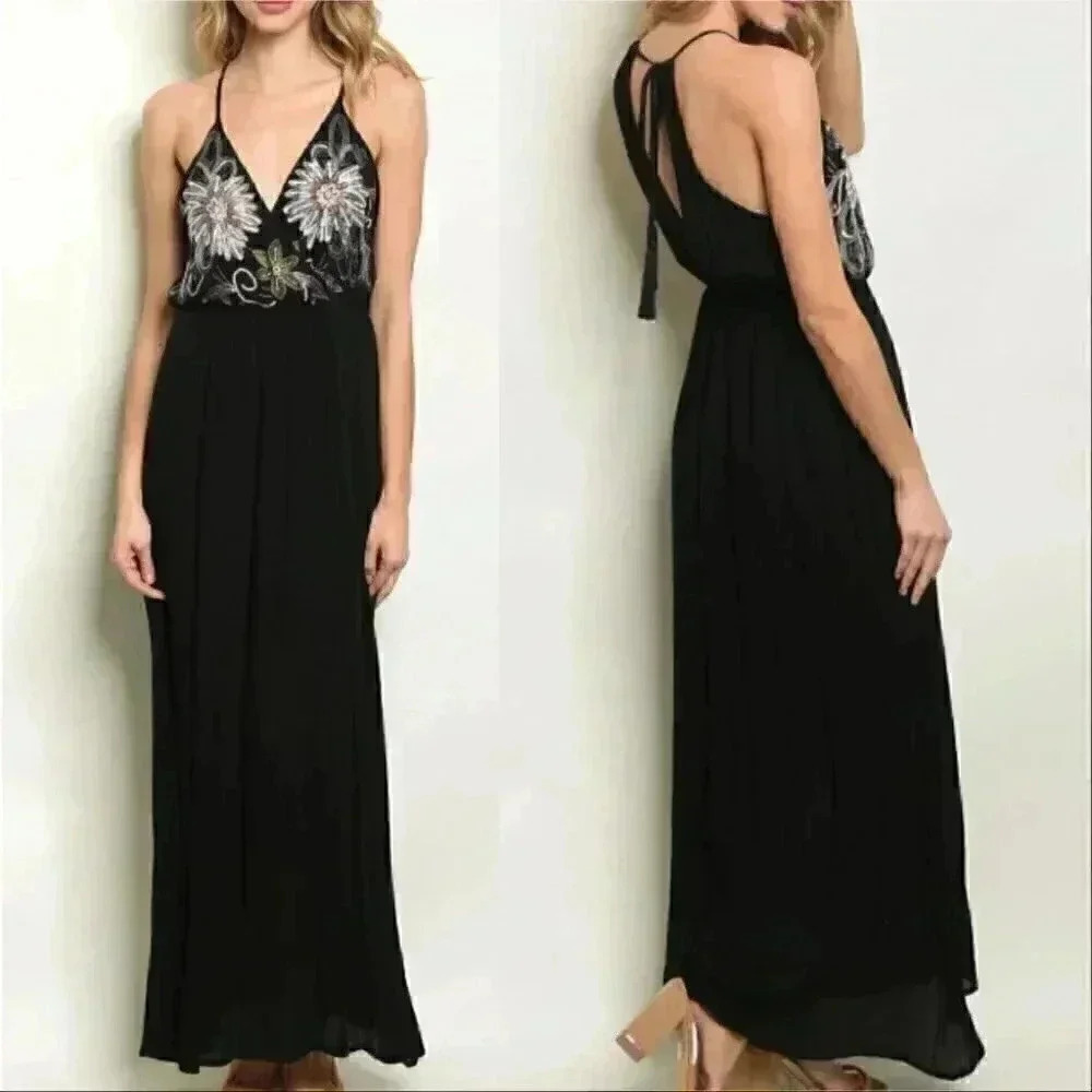 BLACK SEQUIN AND EMBROIDERED MAXI DRESS
